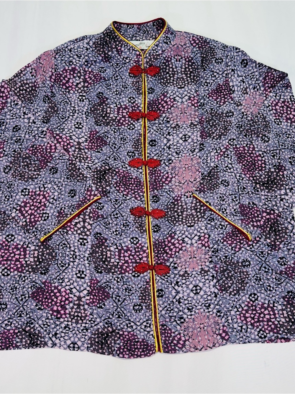 Purple Patterned Mandarin Collar Blouse with Red Frog Closures